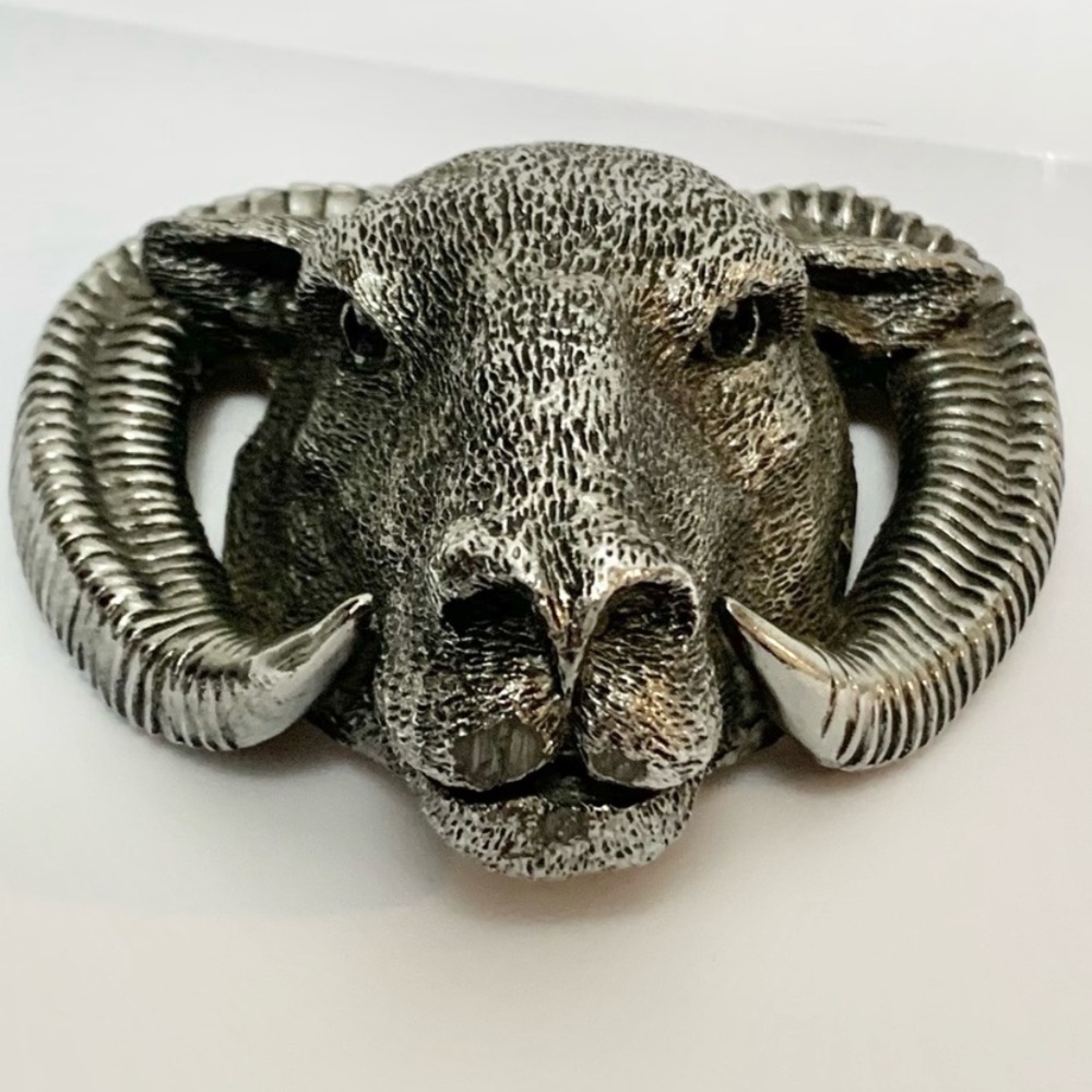 Ram’s Head Bighorn Sheep Ornament Silver Toned 3.5” x 3.5”